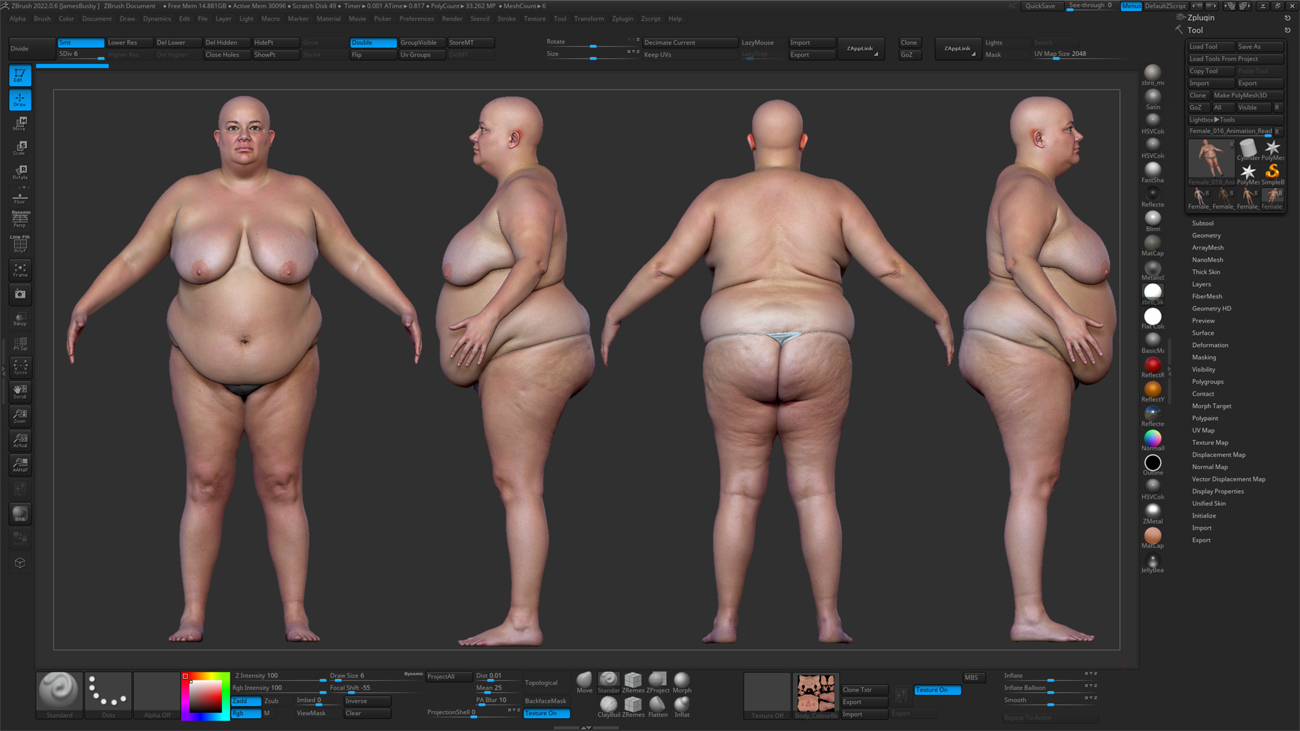 ZBrush ZTool render of a fuller-figured female 3D body scan at high subdivision showing sculpt-ready quad mesh detail